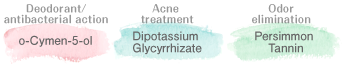 (deodorant/antibacterial action)Triclosan,(Acne treatment)Dipotassium Glycyrrhizate,(Odor elimination)Persimmon Tannin